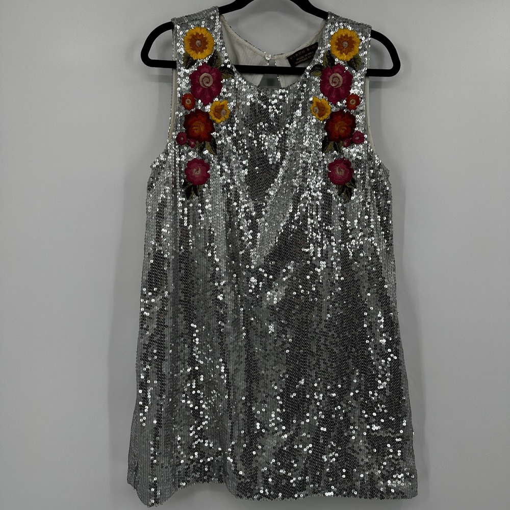 Varun Bahl Silver Sequin Floral Embroidered Sleeveless Mini‎ Shift Dress Disco